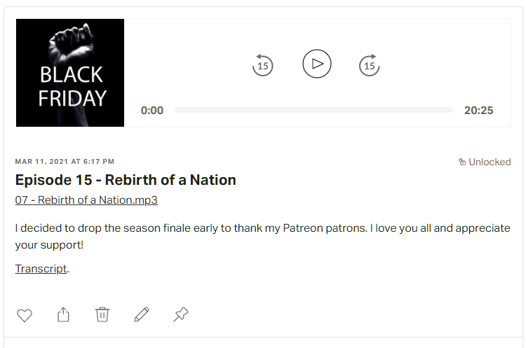 blackfridaycast's tweet photo. If you are a Patreon supporter, you can access the SEASON FINALE of BLACK FRIDAY as of RIGHT NOW! Do you want a third season? Do you?!  https://t.co/mBCcGsA2X1 https://t.co/XMyecrG0Jq