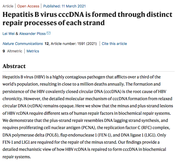 A piece of good news, my new research on hepatitis B virus (HBV) is online today! <a href="/plosslab/">Alexander Ploss</a>, <a href="/princetonmolbio/">Princeton MolBio</a>.
nature.com/articles/s4146…
HBV is a cancer virus that claims close to a million lives a year world wide. Hope HBV can be cured one day!