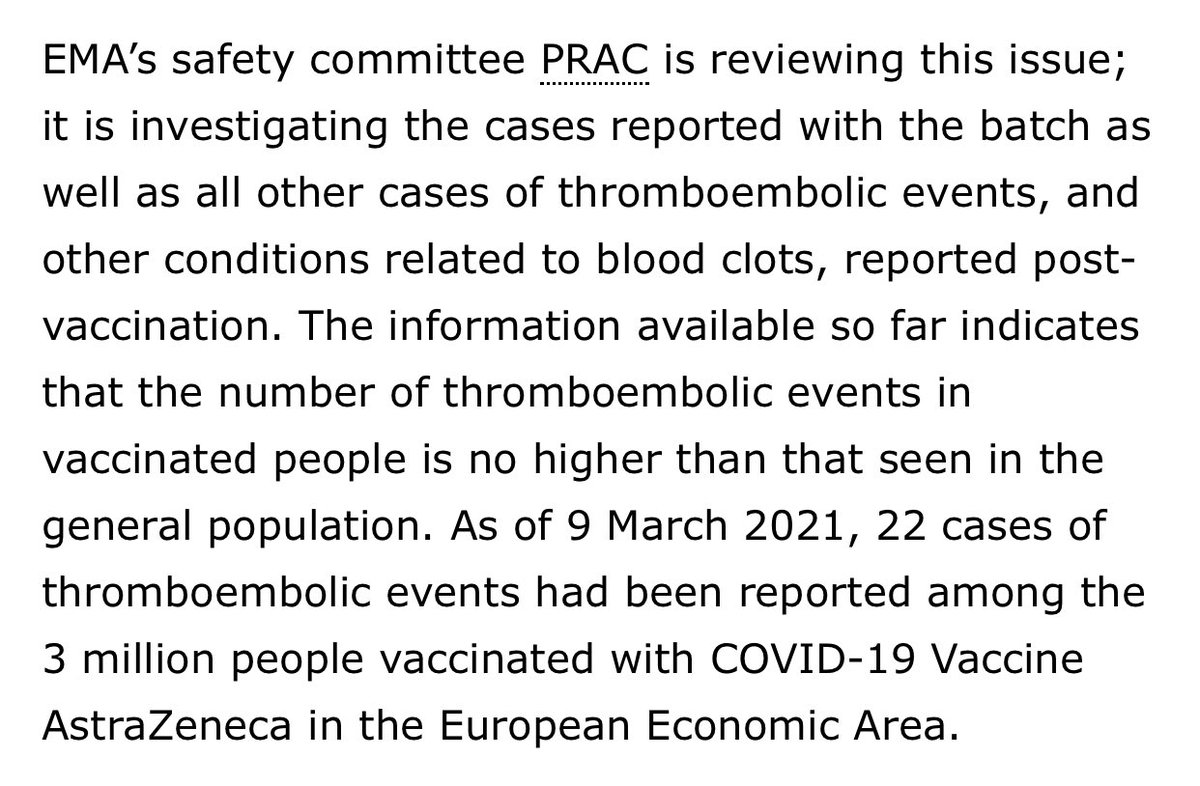 EMA hat nach AstraZeneca Impfung 22 Thrombembolien bei 3 Millionen Geimpften gefunden. Das entspricht Rate ohne Impfung. Es ist richtig, das weiter zu untersuchen. Aber Impfstopp war falsch. Ausgesetzte Impfung ist für viele tödlich, die jetzt verzichten. ema.europa.eu/en/news/covid-…