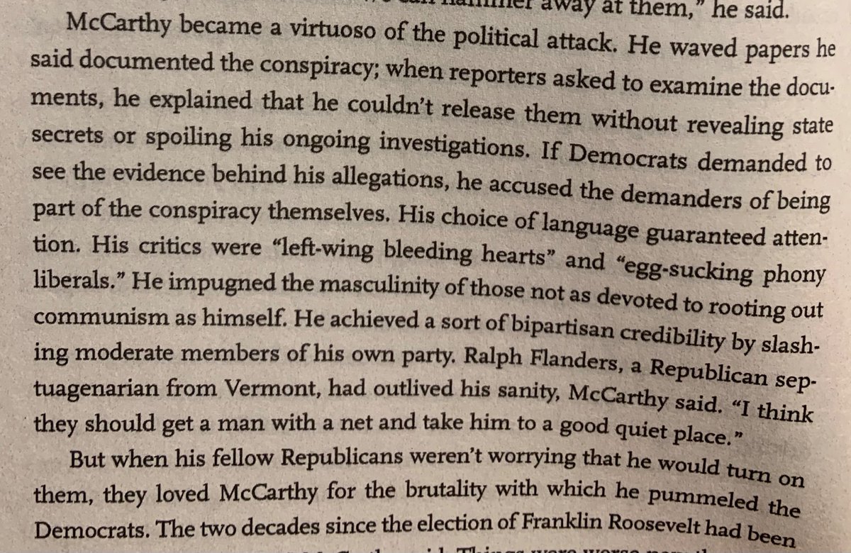 JanePitt's tweet image. I’m studying McCarthyism during the Cold War and the similarities to the Election Lie are B-A-N-A-N-A-S.

Trump is McCarthy reincarnated. Read this and tell me you don’t feel an evil shiver. I need to go lie down.