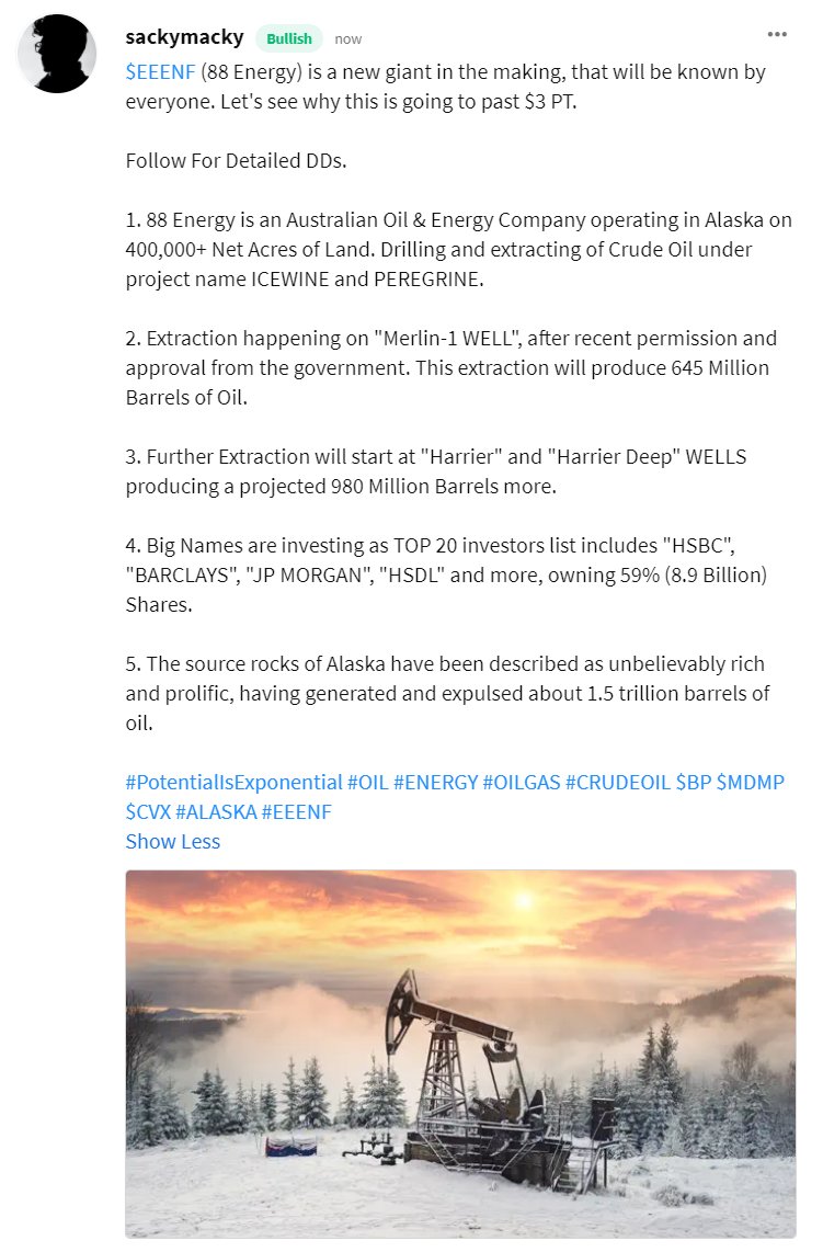 SackyMacky's tweet photo. $EEENF (88 Evergy) Is an "Oil Giant in the Making" This company will do wonders. Here is My first detailed DD on it.
#PotentialIsExponential #OIL #ENERGY #OILGAS #CRUDEOIL $BP $MDMP $CVX #ALASKA #EEENF @88EnergyLtd @_RobertMichael_ https://t.co/lxH85EeDcZ
