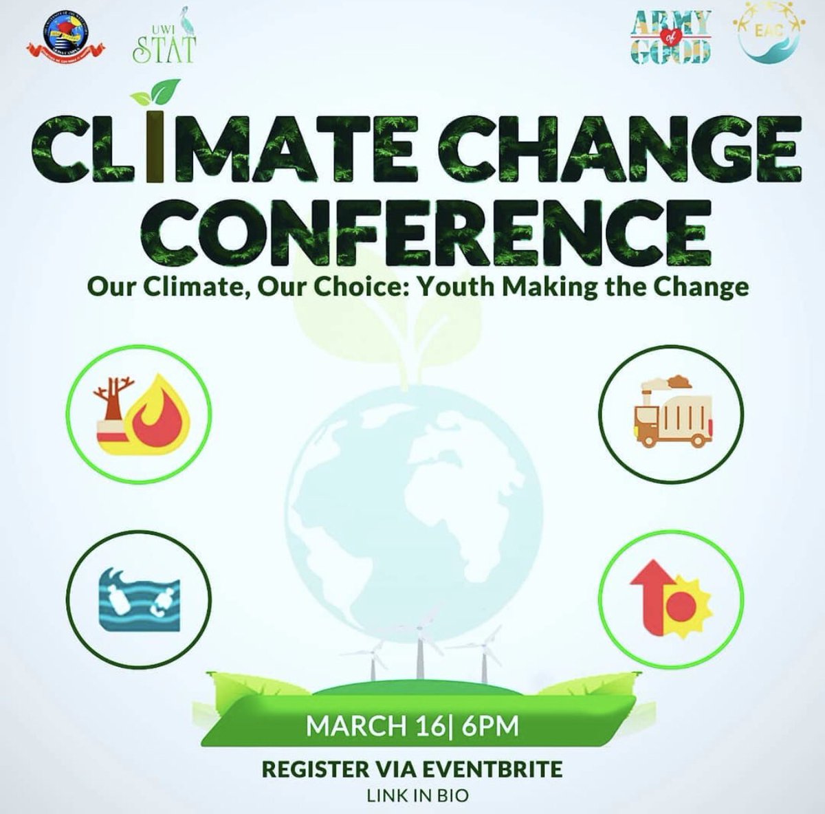 uwiguildeac's tweet photo. Join us alongside @uwistat_mona @uwimonaguild as we host our annual Climate Change Conference on March 16th at 6pm. Register for the event via the link in our bio.
See you there!๐๐๐๐๐
#GuildEAC2020 #OneArmyNuffGood #ChampionsOfChange #SoldiersofSolidarity https://t.co/rqffBOGNny