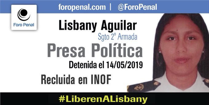 alfredoromero's tweet photo. Lisbany Aguilar tiene 24 años. Es Sargento  Segundo de la Armada Nacional. Fue detenida el 14 de mayo de 2019 por funcionarios de la DGCIM.  Lleva 1 año y 10 meses presa sin audiencia preliminar.
#Libérenlas #PresosPoliticos #Venezuela https://t.co/PPKCRj0GEG