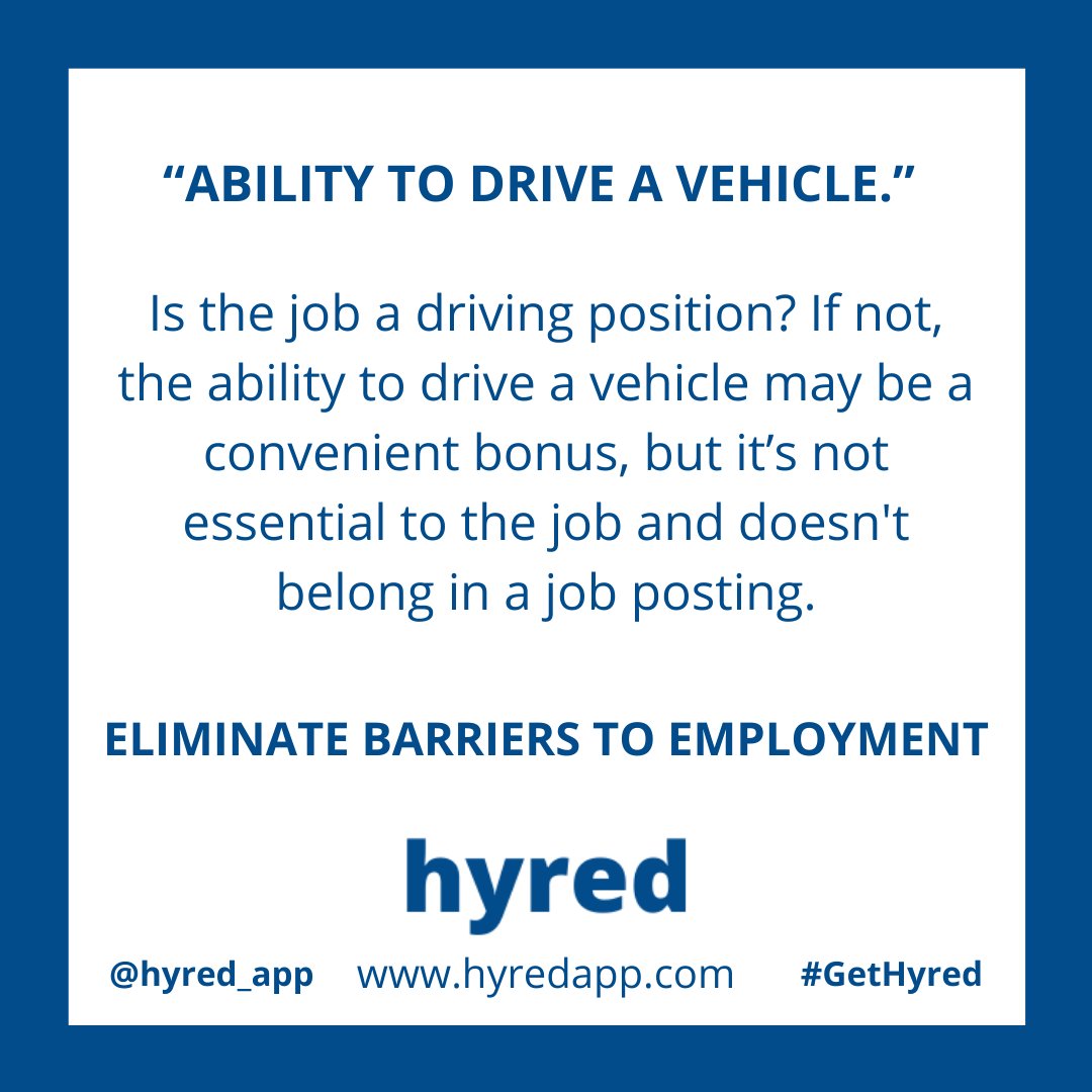 15.9% of job applicants don't have drivers licenses.  Many job postings have language included that do not reflect the actual needs of the job.  We need to review and eliminate all language that creates barriers to employment. #GetHyred

#recruitment #bias #jobsearch #hiring
