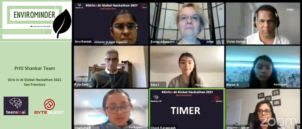 ByteQuest's tweet photo. Creative young minds @ Girls in AI Global Hackathon 2021 San Francisco...Priti Shankar Team's solution: a Google calendar extension that uses AI to scan user's daily activities &amp; offer suggestions on “cleaner”, more environmentally friendly alternatives. https://t.co/TaDSiQEHn2 https://t.co/vYyjQecC5P
