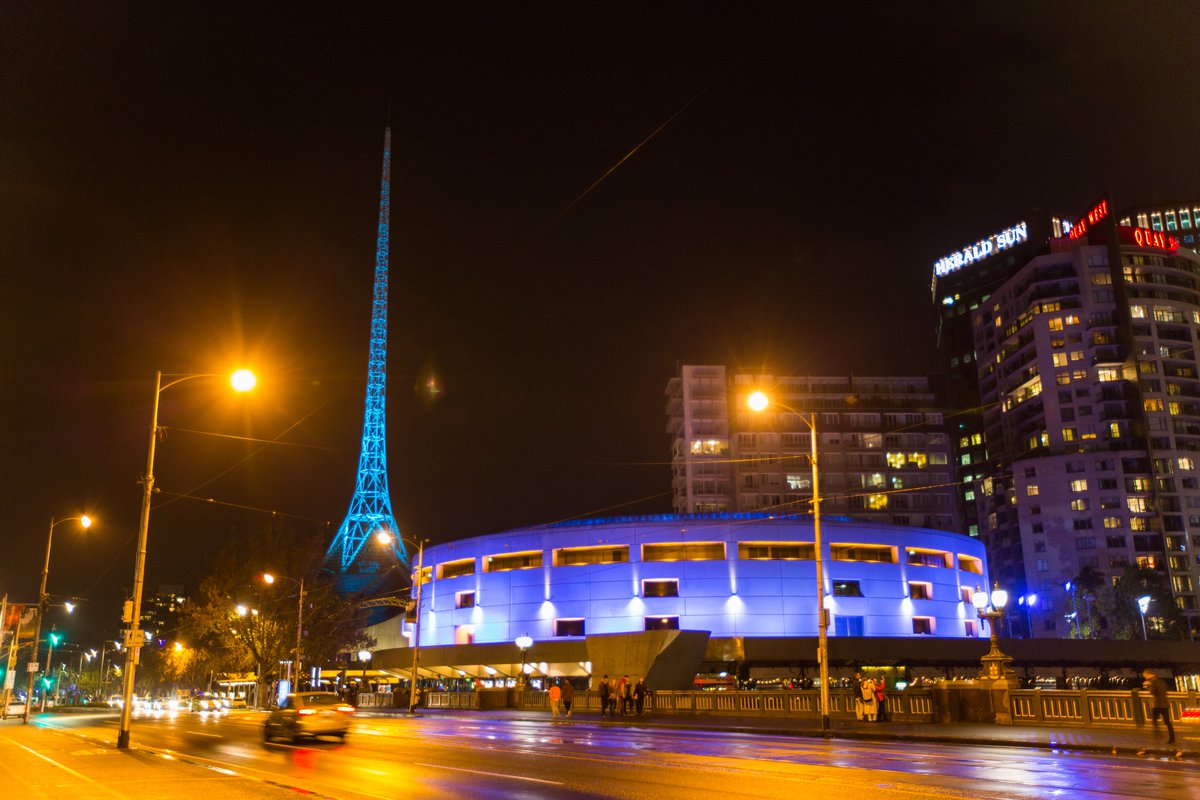 artscentremelb's tweet photo. After months of the Spire being illuminated yellow during closure for the sector and people of Victoria, it has returned to blue this week to signify the reopening of our theatres and the return of the arts. https://t.co/q74CvvU12y