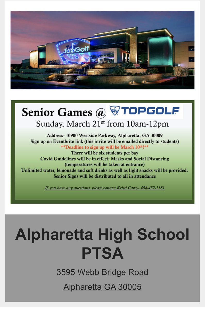 2021_ahs's tweet photo. Seniors, make sure to sign up for the Top Golf Senior Event.  Tomorrow is the last day to sign up.  You should have received an email with the link.  See flyer attached for details.  We hope to see you there! https://t.co/xluTSpSdrZ