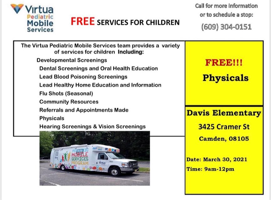 CreativeCMD's tweet photo. Hey CAMVA Family! 😃 If you’re in need of a physical, visit Davis Family School on Tuesday, March 30th, 2021 from 9AM-12PM, located at 3425 Cramer St., Camden, NJ 08104. #FreePhysicals 🩺 ♥️ 🌱
#WeAreAllInThisTogether💙 https://t.co/VfqSaoTH44