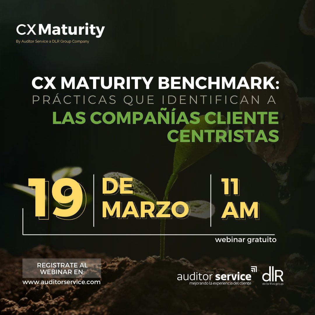 auditor_service's tweet image. CX MATURITY BENCHMARK: Prácticas que identifican a las Compañías Cliente Centristas
Webinar: 19 de marzo, 11 am.
Regístrate bit.ly/WebinarCXMatur…

#CX #cxmaturity #customerexperience #customercentric  #CSAT #customersatisfactionisourpriority #customersatisfaction  #Webinar