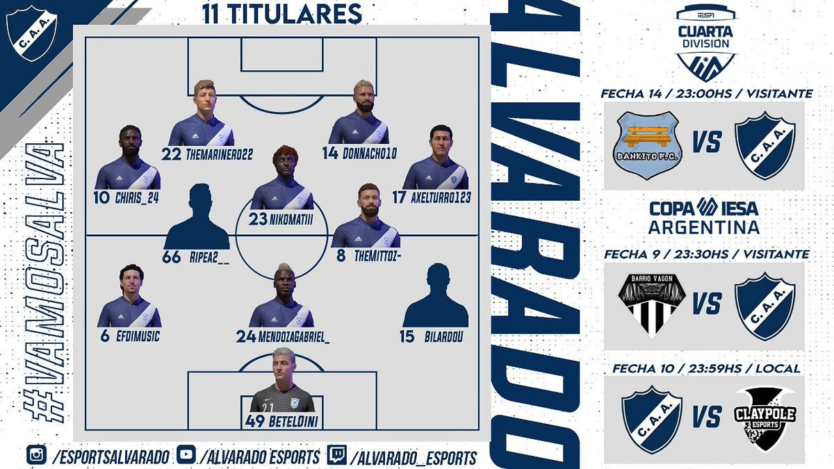 esportsalvarado's tweet photo. 🔵⚪ 4TA DIVISIÓN ⚪🔵
🔹FECHA 14🔹
🆚#BankitoFC
⏰23:00HS
🏟️VISITANTE
🔵⚪ COPA ARGENTINA ⚪🔵
🔹FECHA 9🔹
🆚@barriovagon
⏰23:30HS
🏟️VISITANTE
🔹FECHA 10🔹
🆚@claypoleesports
⏰23:59HS
🏟️LOCAL
📺https://t.co/3o6FOyRYxm
#VamosAlva #VamosMatade #MataderoVirtual https://t.co/r0CoGn3t5s