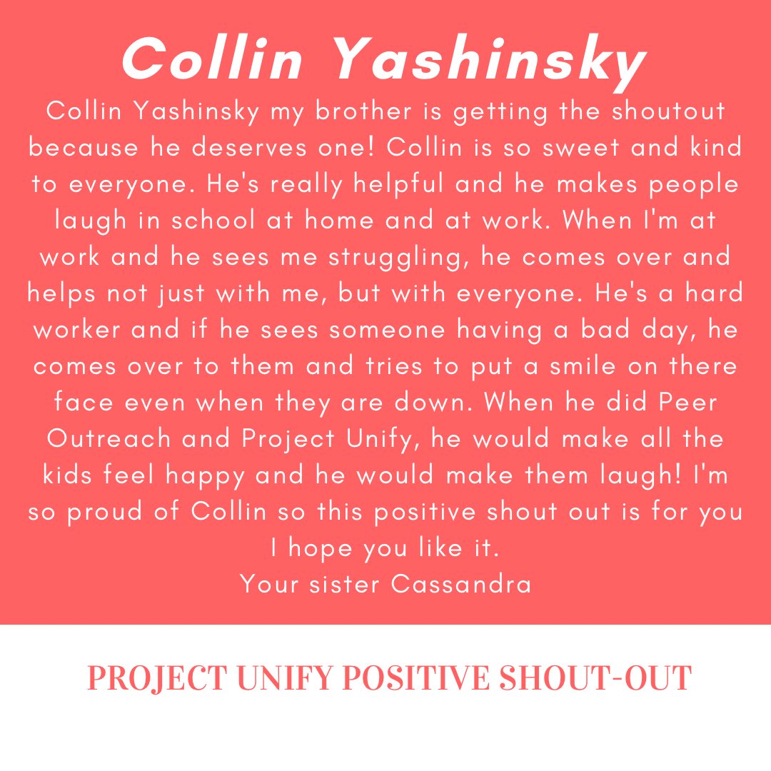 twpprojectunify's tweet photo. Today we have continue our shoutouts program with shoutouts for Mrs. Malloy from Emily Karapcik, for Collin Yashinsky from Cassandra Yashinsky and for Coach Slates from Evelyn Nicholson. https://t.co/4vv4fXJLXC