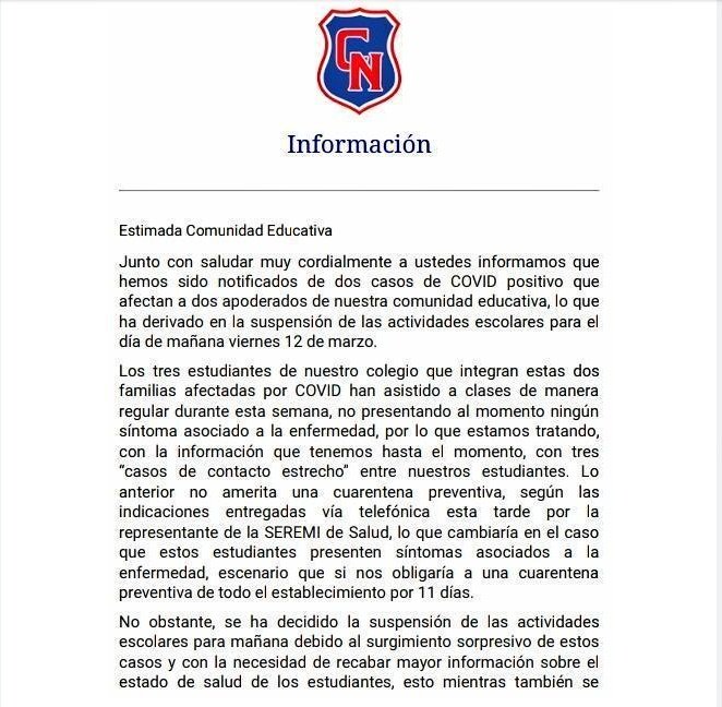 sitiodelsuceso's tweet photo. Suspenden clases de manera preventiva en el colegio Nacional de Limache por apoderados contagiados de Coronavirus. https://t.co/Ygw1VkONQA
