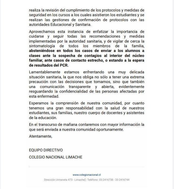 sitiodelsuceso's tweet photo. Suspenden clases de manera preventiva en el colegio Nacional de Limache por apoderados contagiados de Coronavirus. https://t.co/Ygw1VkONQA