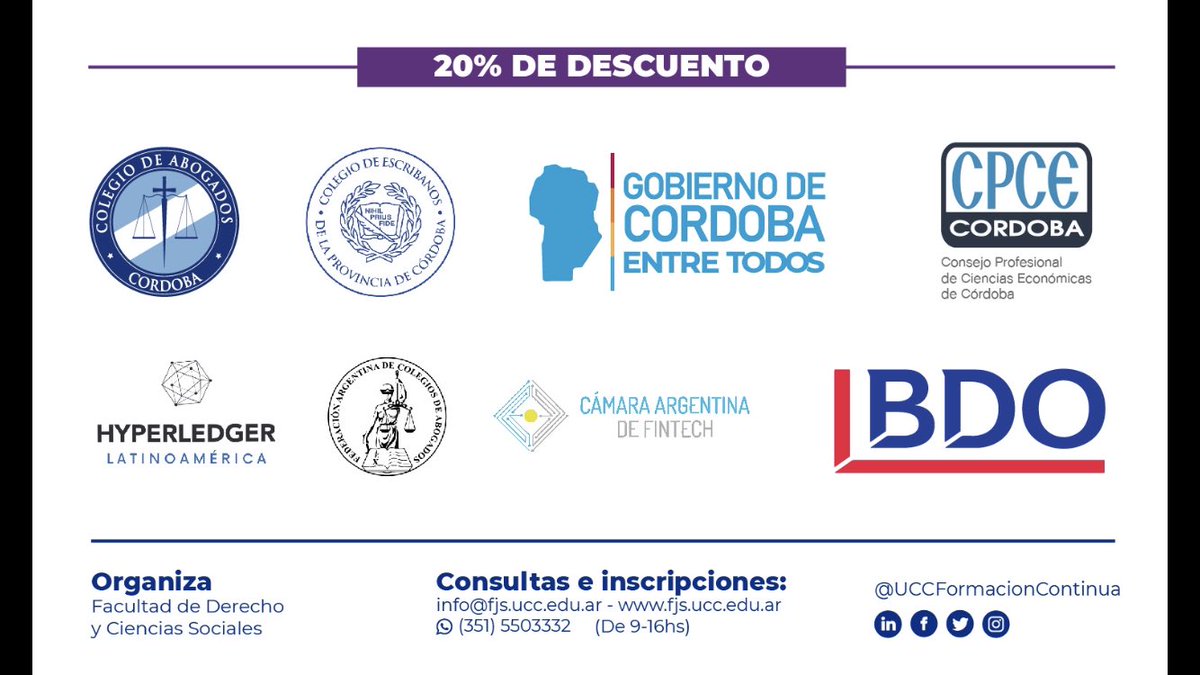 <a href="/UCCoficial/">Universidad Católica de Córdoba</a> 
FinTech+GovTech+RegTech+LegalTech+Blockchain+AI=#D4T🤓

Early bird: 10% 15/3
+25 expertos
33 encuentros
8 meses
 
Acompañan <a href="/CamaraFintechAr/">Cámara Argentina Fintech</a> @bdoargentina @mincytcordoba <a href="/HyperledgerL/">Hyperledger Latinoamerica</a> <a href="/PrensaFACA/">Prensa F.A.C.A. oficial</a> <a href="/CPCECordoba/">CPCE Córdoba</a> <a href="/LegislaturaCBA/">Legislatura de Córdoba</a> 

Inscripciones 👉🏼 fjs.ucc.edu.ar/curso.php?id=2…