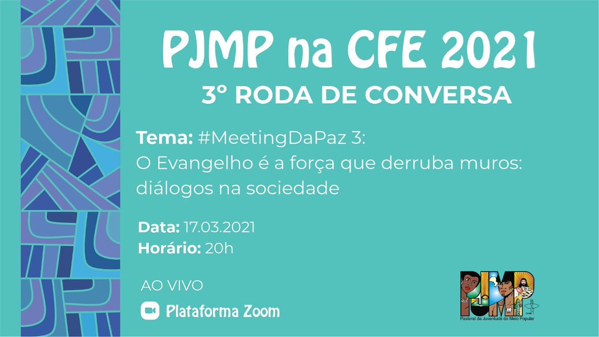 pjmpnacional's tweet photo. Olá Juventude do Meio Popular!! 

Confira nossa próxima Roda de Conversa que acontecerá no dia 17.03.2021 ás 20h.

#PJMP
#PJMPNacional
#PJMPBrasil
#CFE2021
#PJMPNaCFE2021 
#RodasDeConversa https://t.co/lhGzsziIfF