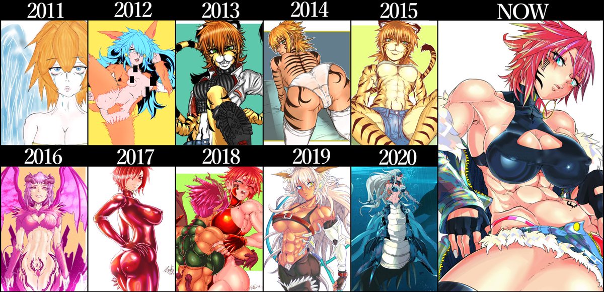 #過去絵と現在絵を比較してみようキャンペーン 
十周年記念の比較まとめです。
これでも全部同じキャラなんです(二枚目) 