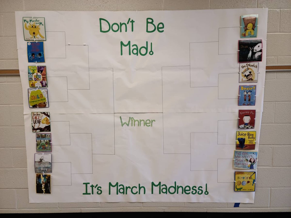 Missbertoli's tweet photo. Don't be mad! It's March Book Madness! We have started our reading bracket! We have two books in the elite 8 so far! Milo Imagines the World by @mattdelapena and Messha Makes Friends by @TomPercivalsays. We have had such fun reading these important stories! @hempfield https://t.co/fTrMNHVWlI