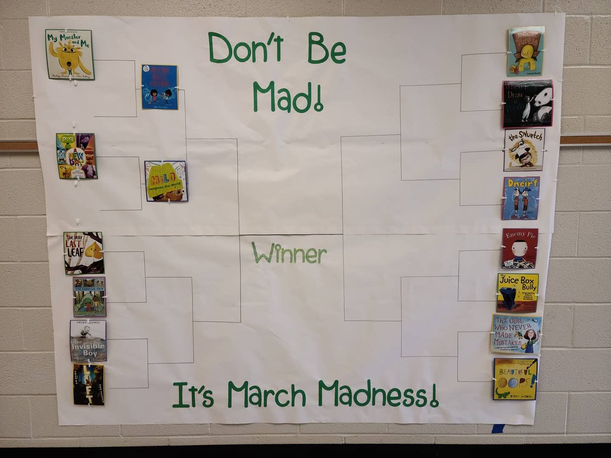 Missbertoli's tweet photo. Don't be mad! It's March Book Madness! We have started our reading bracket! We have two books in the elite 8 so far! Milo Imagines the World by @mattdelapena and Messha Makes Friends by @TomPercivalsays. We have had such fun reading these important stories! @hempfield https://t.co/fTrMNHVWlI