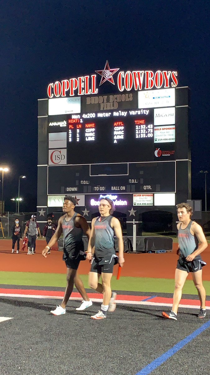 SidekickSports's tweet image. .@coppelltrackxc places first in the Men’s 4x200 Meter Relay. @CoppellSports1 #LocalEyesLocalNews #txhstrack