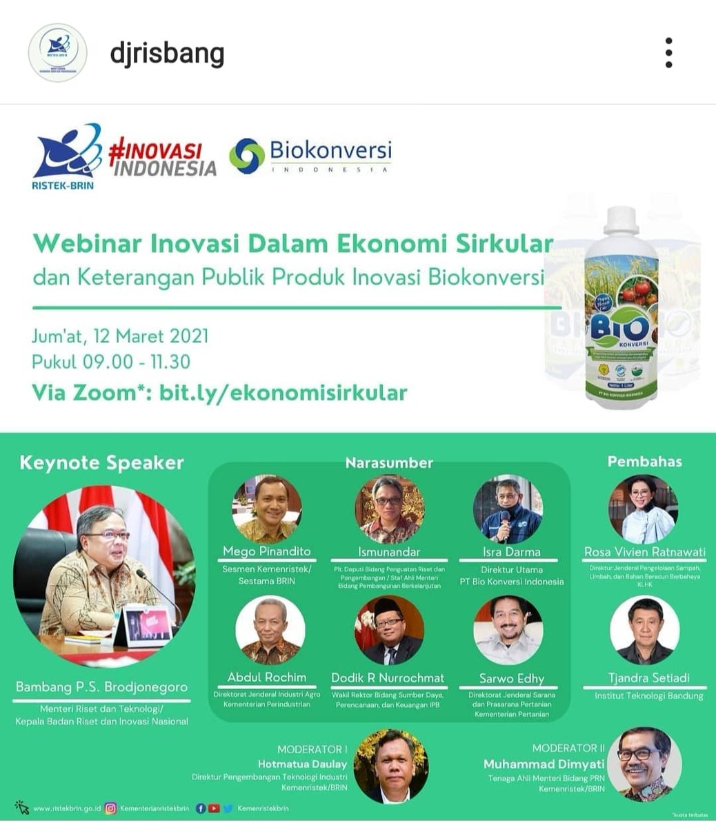 djrisbang's tweet photo. Ikuti WEBINAR Inovasi dalam Ekonomi Sirkular yang akan dilaksanakan pada:
*Jum'at, 12 Maret 2020*
*Pukul 09.00 - 11.30* 
melalui tautan Zoom: *https://t.co/MILF9vj5KP*

Webinar ini juga akan disiarkan melalui kanal *Youtube KemenristekBRIN: https://t.co/lgXHBpBVqp* https://t.co/601C6MetPf