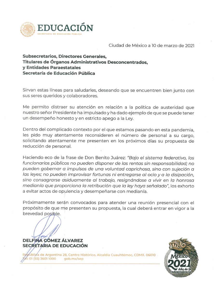 LupitaJuarezH's tweet photo. Pide la secretaria de Educación, Delfina Gómez, reducción de personal por austeridad y llama a que subsecretarios, directores generales y titulares de órganos administrativos desconcentrados y entidades paraestatales de la #SEP, que entreguen su propuesta de recorte de personal. https://t.co/NT7OocVo4R
