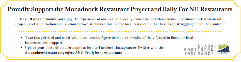 ClarkMortenson's tweet photo. We're all in on the @RallyNH &amp; Monadnock Restaurant Project! Proud to support this initiative through the purchase of gift cards from over 20 local businesses which we will hand out soon! Thank you @Chefluca for being a champion!
#MonadnockRestaurantProject #RallyForNHRestaurants https://t.co/aSP5wI7kce