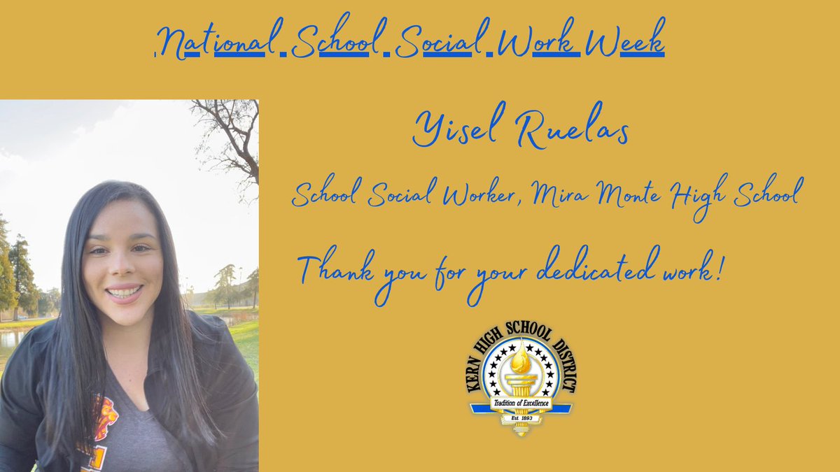 KHSD_Official's tweet photo. Happy National School Social Work Week! Thank you, Yisel Ruelas, School Social Worker @MiraMonteKHSD for your dedication to our students, families, and entire school community! #KHSDCares #SWWeek2021 #BeaconofHope https://t.co/gCmt2gsYUj