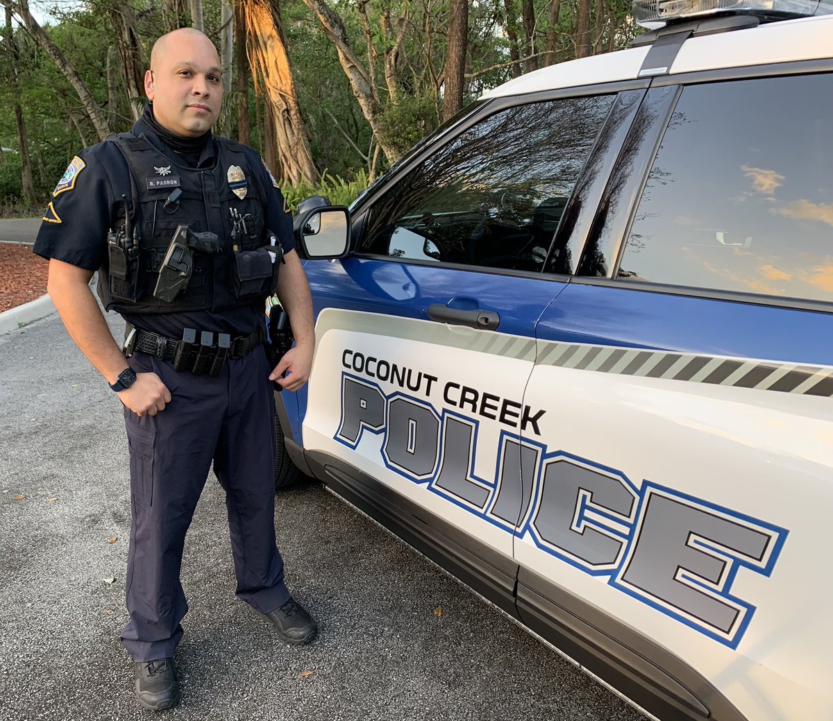 CoconutCreekPD's tweet photo. Our family protecting yours. Ofc Padron is the cover car tonight. This role allows him to patrol the entire city, not just a particular zone. It’s also an advantage since he is one of our field training officers [FTOs]. #WorkingTogether #MakingaDifference #FieldTrainingOfficer https://t.co/VJzNezpmkM