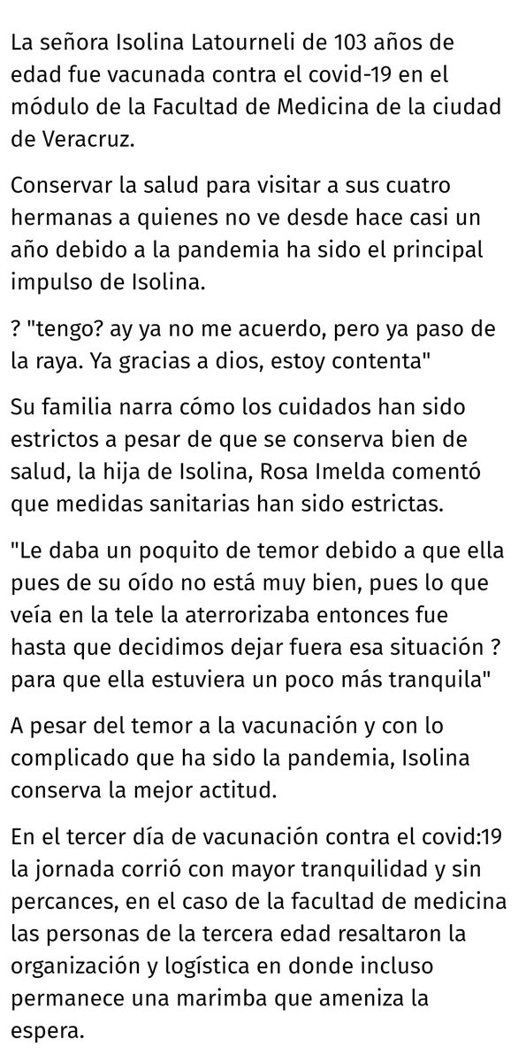 Hoy Isolina de 103 años de edad se vacunó contra la #COVID19

Y espera vivir muchos más... Un ejemplo a seguir. 

 #vacuna #vacúnate #SARSCoV2 @ComunicacionUV <a href="/LuzioUV/">Luzio UV</a> <a href="/IIMB_UV/">@IIMB_UV</a>