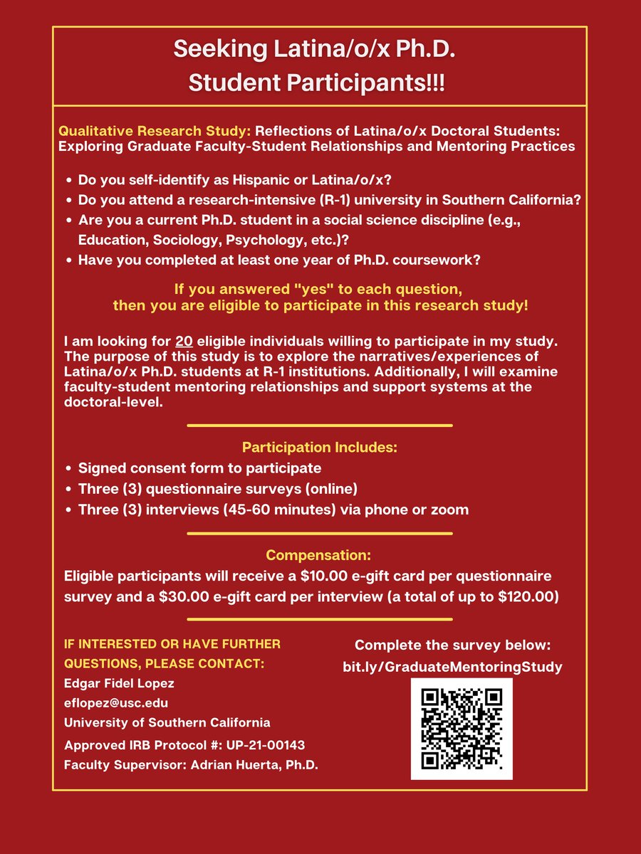 EdgarLopezUSC's tweet photo. Seeking participants for a study of Latina/o/x doctoral students' experiences and perceptions of faculty-student mentoring relationships at R-1 universities in Southern California! 🙏🏽 @ashegrads @PhDVoice @AcademicChatter @AdrianHuertaPhD @AERADiv_J 
LINK: https://t.co/BOtFBopjZN https://t.co/gqnA51bbvm
