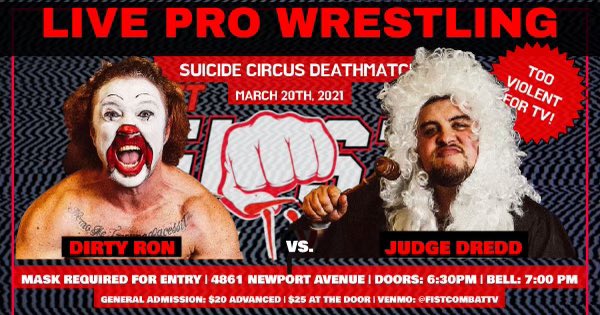FISTCombatTV's tweet photo. Suicide Circus Deathmatch is real 🤡☠️🤡☠️🤡☠️

Sat 3/20 @fistcombattv @obfuchouse 

#TooViolentForTV $20 adv; $25 at door. Venmo: @FISTCombatTV #OceanBeach #OB https://t.co/k6ujGOw1OM