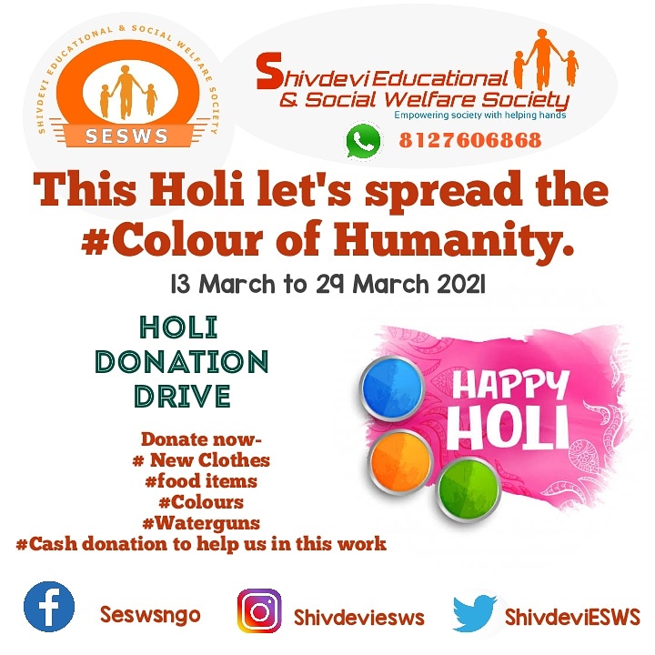 Shivdevingo's tweet photo. #Coulour_Of_Humanity
#Holi_Donation_Drive
#Duration -13 March to 29 March 2021
#Donatenow
#_New_Clothes
#food_items
#Colours
#Waterguns
#Cash_donation_to_help_us_in_this_work
#charity
#charitywork
#good_work
#Socailwork
#ClebratrationForAll
#lucknowcity
#Lucknow https://t.co/IQUAGgg91Q