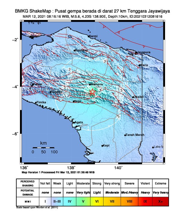 infoBMKG's tweet photo. #Gempa Mag:5.6, 12-Mar-21 08:16:16 WIB, Lok:4.23 LS, 138.90 BT (Pusat gempa berada di darat 27 km Tenggara Jayawijaya), Kedlmn:10 Km Dirasakan (MMI) IV Wamena, II-III Timika #BMKG https://t.co/eoUTnLDarB