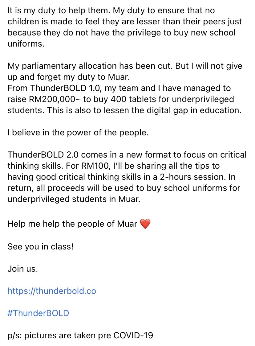 SyedSaddiq's tweet image. ThunderBOLD 2.0 

For RM100, I’ll be sharing all the tips to having good critical thinking skills in a 2-hours session. 

In return, all proceeds will be used to buy school uniforms for underprivileged students in Muar.

See you in class!

thunderbold.co 

#ThunderBOLD