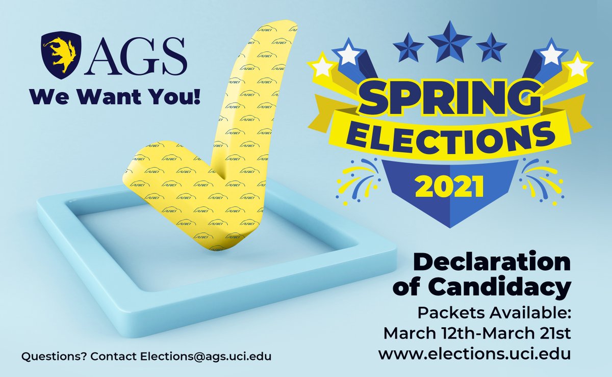 agsuci's tweet photo. Are you interested in running for office? This is your opportunity to join AGS, your graduate student government! You may now submit your candidacy for AGS President, the Executive Board, or Council Member
➡️ https://t.co/rhalP6edMS
@UCIrvine @UCIrvineGD #UCIGradLife #uciags https://t.co/ZfrBwfLq2f