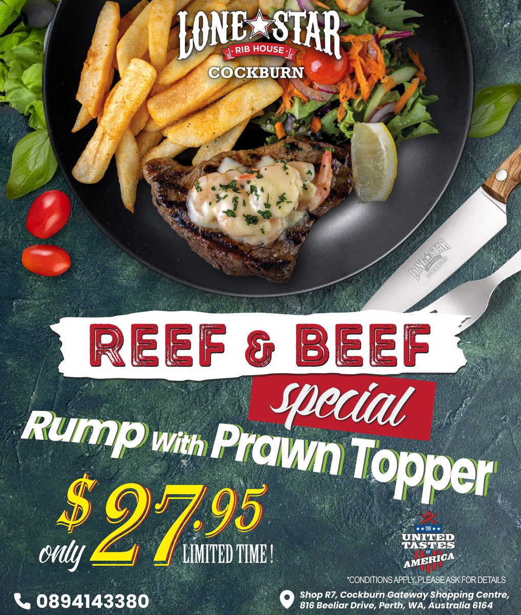 REEF &amp; BEEF SPECIAL 😋 🔥
Rump with Prawn Topper
Book now to reserve your table  🤠 
lonestarribhousecockburn.com. 
Call on 📞 0894143380
Visit us! 🔥
Shop R7, <a href="/cockburn/">Frances Cobbett</a> gateway shopping centre, 816 Beeliar Drive, Perth, WA, Australia. 6164
#rump #prawntopper #ribhouseincockburn