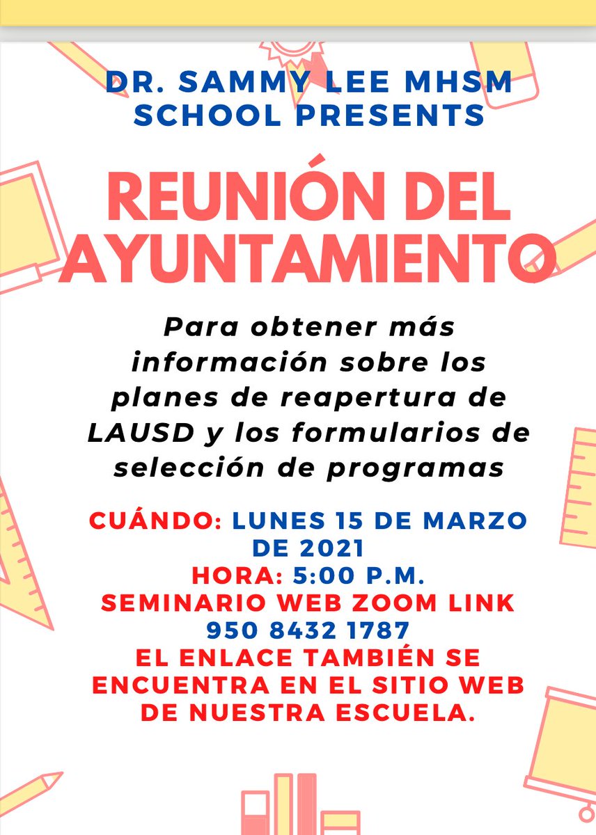 DrSammyLee1's tweet photo. Join us for our Townhall Webinar on Monday, March 15th @ 5:00 to learn about LA Unified's Reopening Plans and Program Selection Forms. Zoom Webinar ID: 950 8432 1787 and button is also on our website. Be informed! https://t.co/B9W7yqoYTG