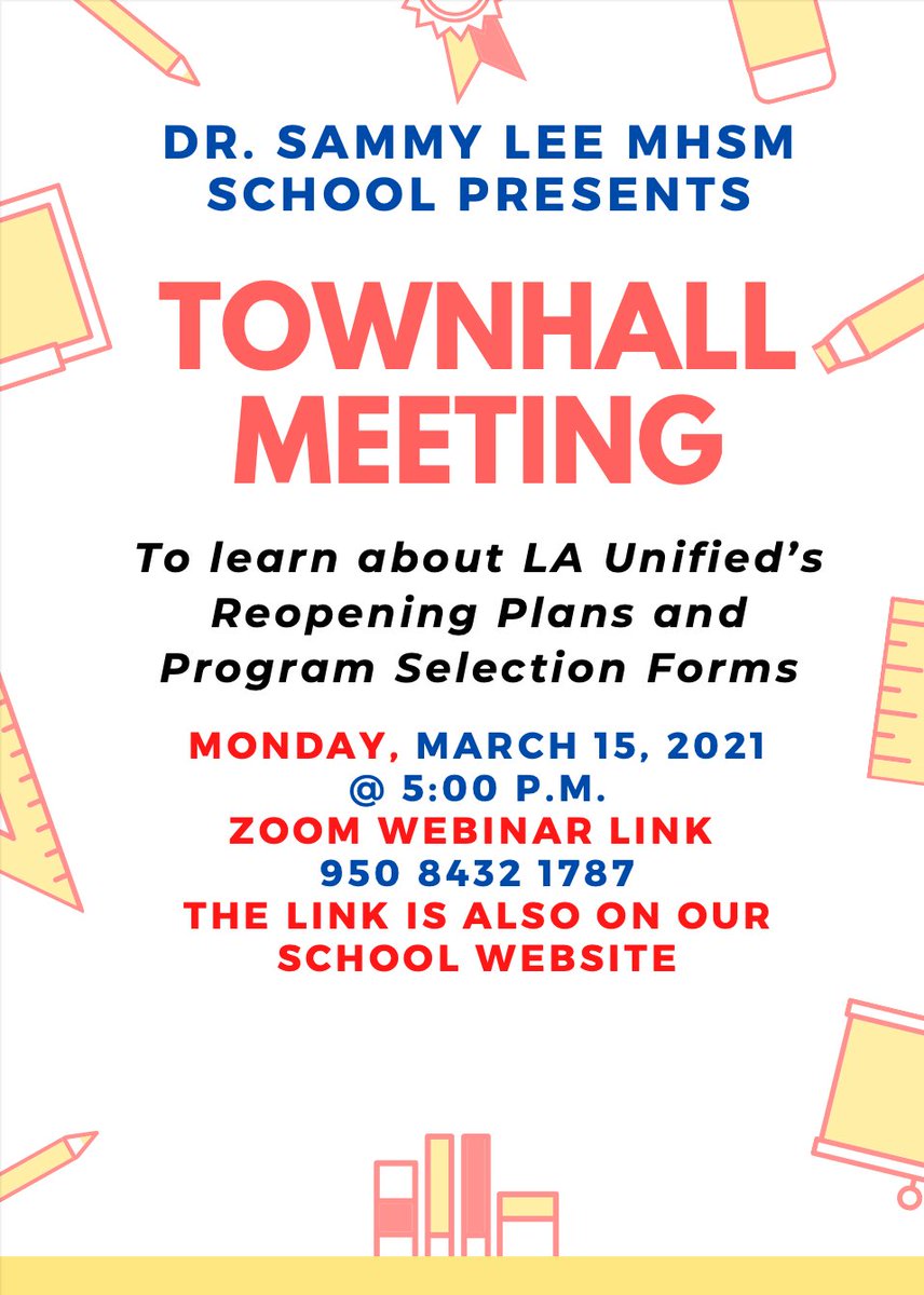 DrSammyLee1's tweet photo. Join us for our Townhall Webinar on Monday, March 15th @ 5:00 to learn about LA Unified's Reopening Plans and Program Selection Forms. Zoom Webinar ID: 950 8432 1787 and button is also on our website. Be informed! https://t.co/B9W7yqoYTG
