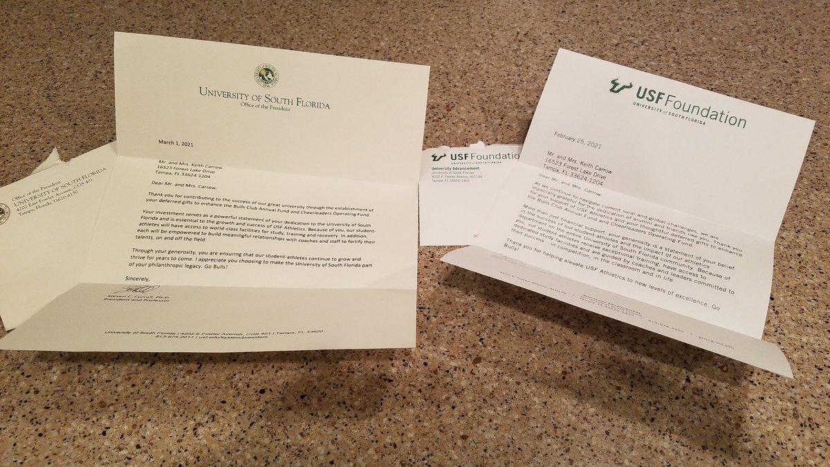 NancyCarrow's tweet photo. Love getting USF mail! This time from USF Foundation and another from President Currall. Go Bulls! ππ€π #SupportUSF #HornsUp https://t.co/CVazSSszA9