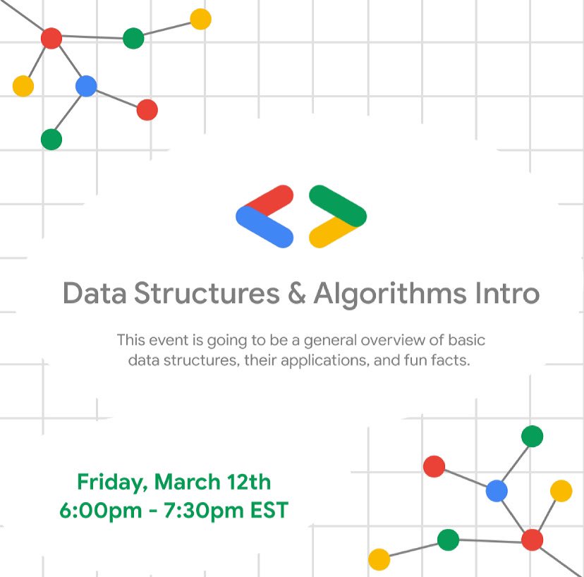This event is going to be a general overview of basic data structures, their applications, and fun facts. Don’t miss it out! 

dsc.community.dev/events/details…

#algorithms #datastructures #DeveloperStudentClubs