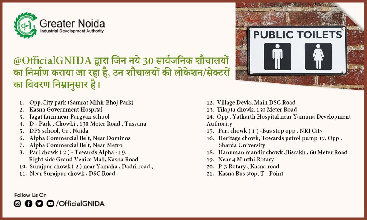 बहुत ही अच्छा प्रयास <a href="/OfficialGNIDA/">Greater Noida Industrial Development Authority</a> के द्वारा <a href="/SwachhBharatGov/">Swachh Bharat Urban</a> के तहत जगह जगह सार्वजनिक शौचालय का निर्माण किया जा रहा। <a href="/OfficialGNIDA/">Greater Noida Industrial Development Authority</a> से एक निवेदन है टेक ज़ोन-4 में रयान इंटरनेशनल स्कूल के पास एक सार्वजनिक शौचालय की अति आवशयकता है यहां पार्क में टहल रहे लोग खुले मे सौच कर रहे है।