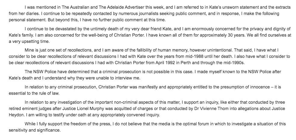 Here's the first public statement made by James Hooke about the rape allegations against the AG. He was the boyfriend of alleged victim Kate in 1988-89 &amp; says he had "clear recollections of relevant discussions" with her at the time - mid-1988 - AND with Porter in 1992 &amp; onwards.