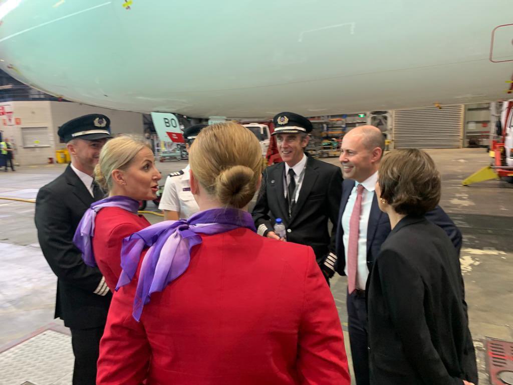 JoshFrydenberg's tweet photo. A fantastic morning in the hangar at Sydney Airport yesterday announcing our $1.2 billion tourism package to support tourism operators, businesses, travel agents, airlines & others across the tourism supply chain.
More planes in the air creates more jobs on the ground. https://t.co/kX7Anel5lH