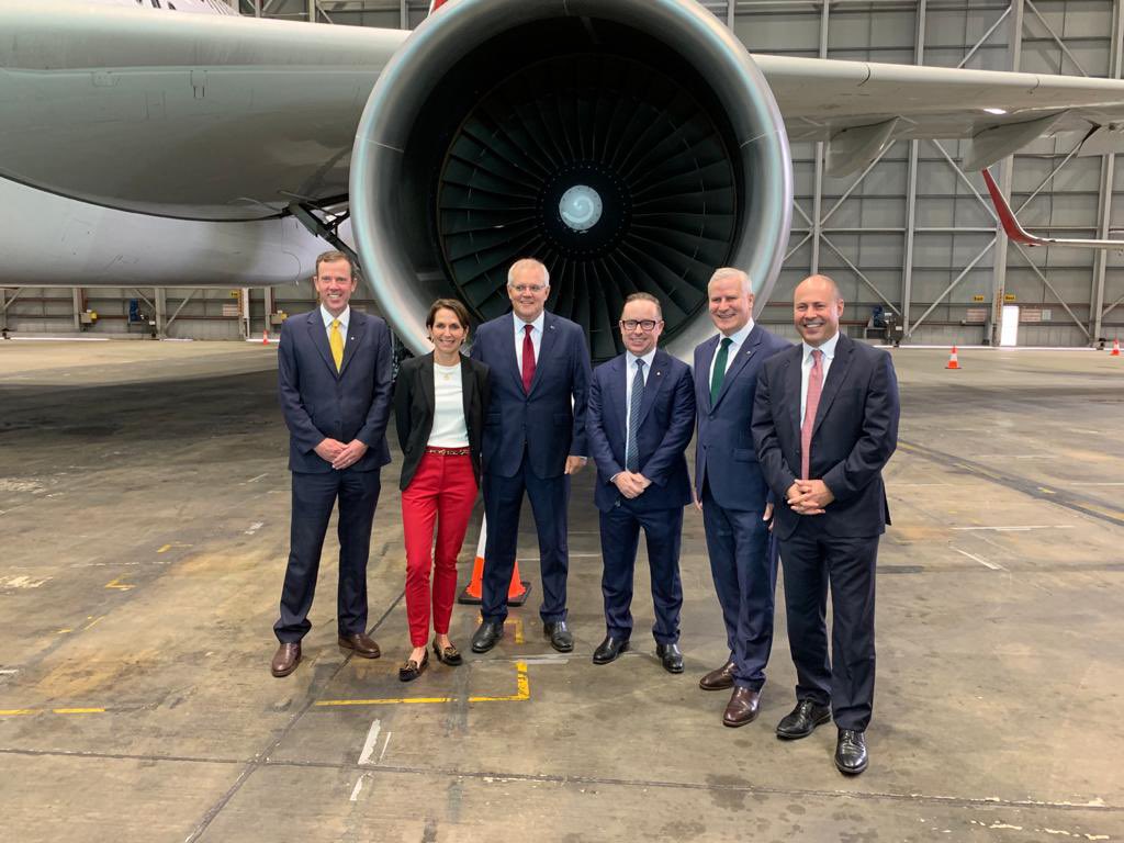 JoshFrydenberg's tweet photo. A fantastic morning in the hangar at Sydney Airport yesterday announcing our $1.2 billion tourism package to support tourism operators, businesses, travel agents, airlines & others across the tourism supply chain.
More planes in the air creates more jobs on the ground. https://t.co/kX7Anel5lH