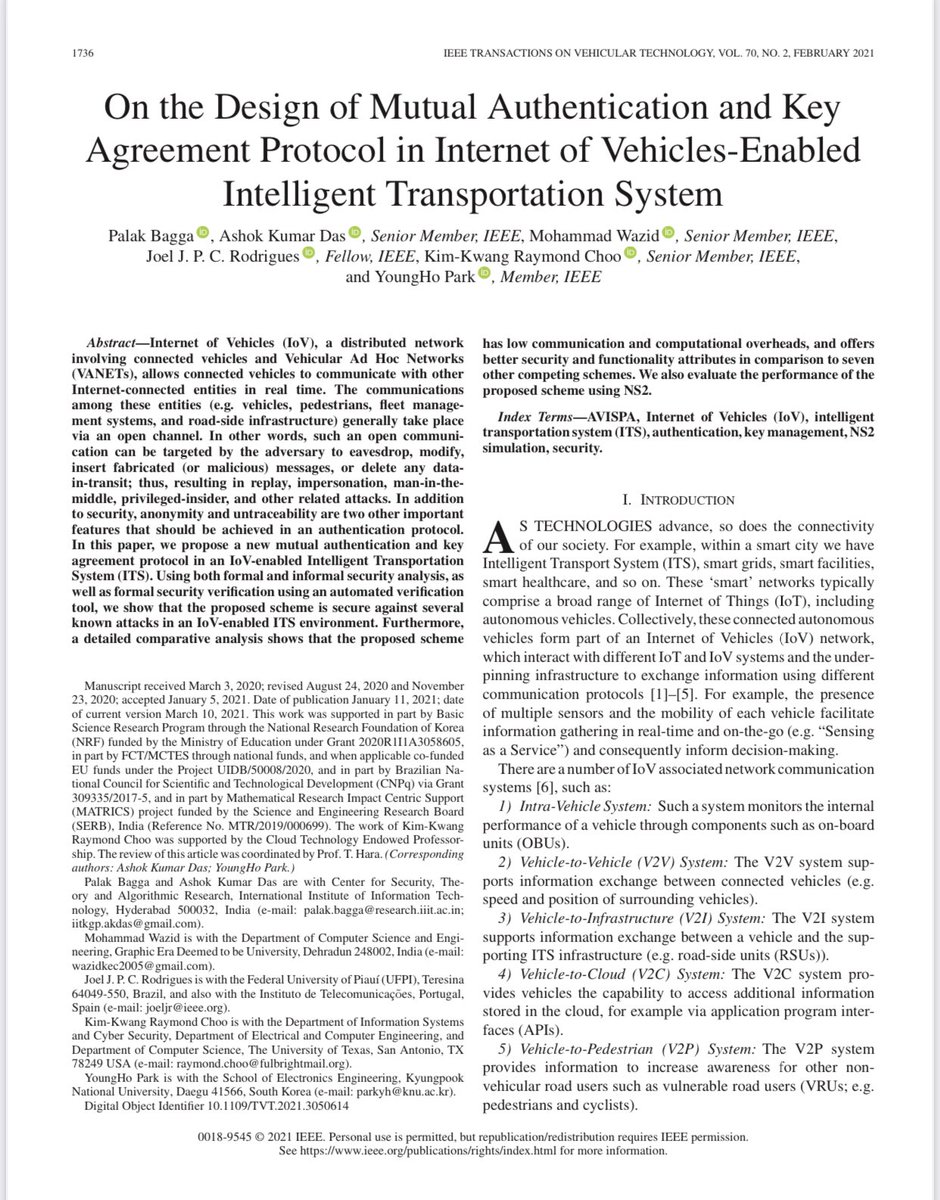 RaymondChooAu's tweet image. On the Design of #MutualAuthentication and #KeyAgreement Protocol in #Internet of #Vehicles-Enabled #IntelligentTransportation System doi.org/10.1109/TVT.20… @UTSAResearch with @iiit_hyderabad @ufpioficial #KyungpookNationalUniversity #CyberSecurity #SmartCities #privacytech