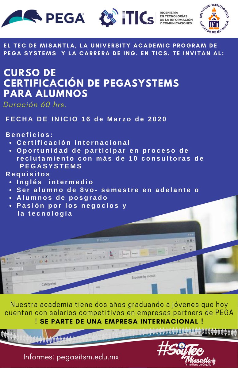 La carrera de Ing. en TICs, invita a cursar las certificaciones técnicas de la empresa PEGASYSTEMS. Inicia el 16 de marzo. Inscripciones al correo pega@itsm.edu.mx  
#SoyTecMisantla y me llena de orgullo