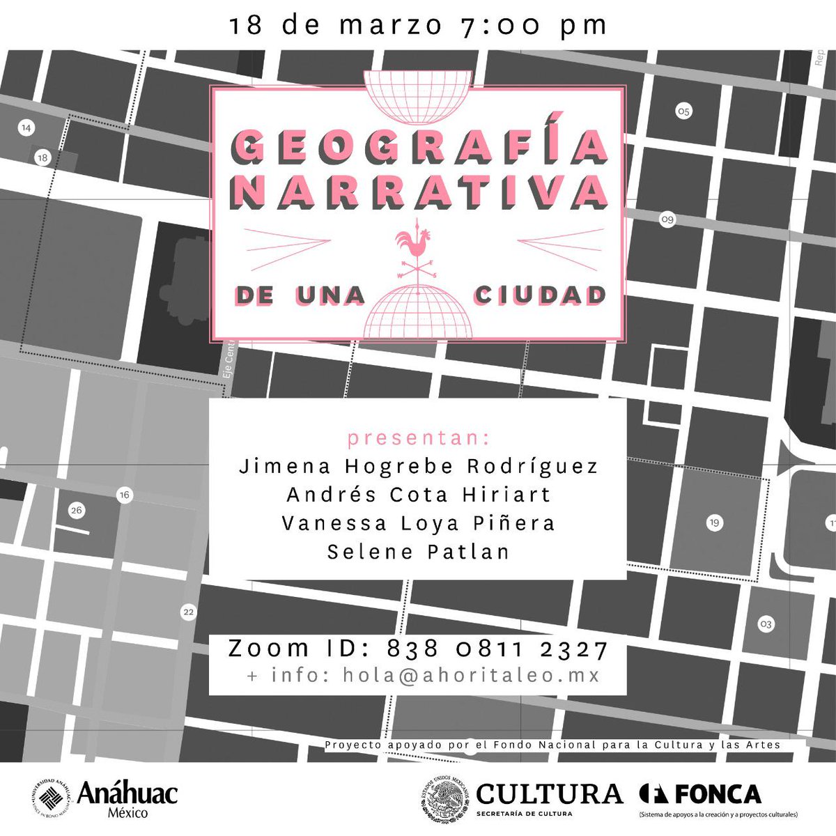 veta_arq's tweet photo. GEOGRAFÍA NARRATIVA DE UNA CIUDAD
Un proyecto de @jimenahogrebe 

Presentan:
@jimenahogrebe 
@cotahiriart 
Vanessa Loya (@veta_arq )  y
@selenepatlan 

Jueves 18 de marzo 19:00 hrs https://t.co/igve23p1jV