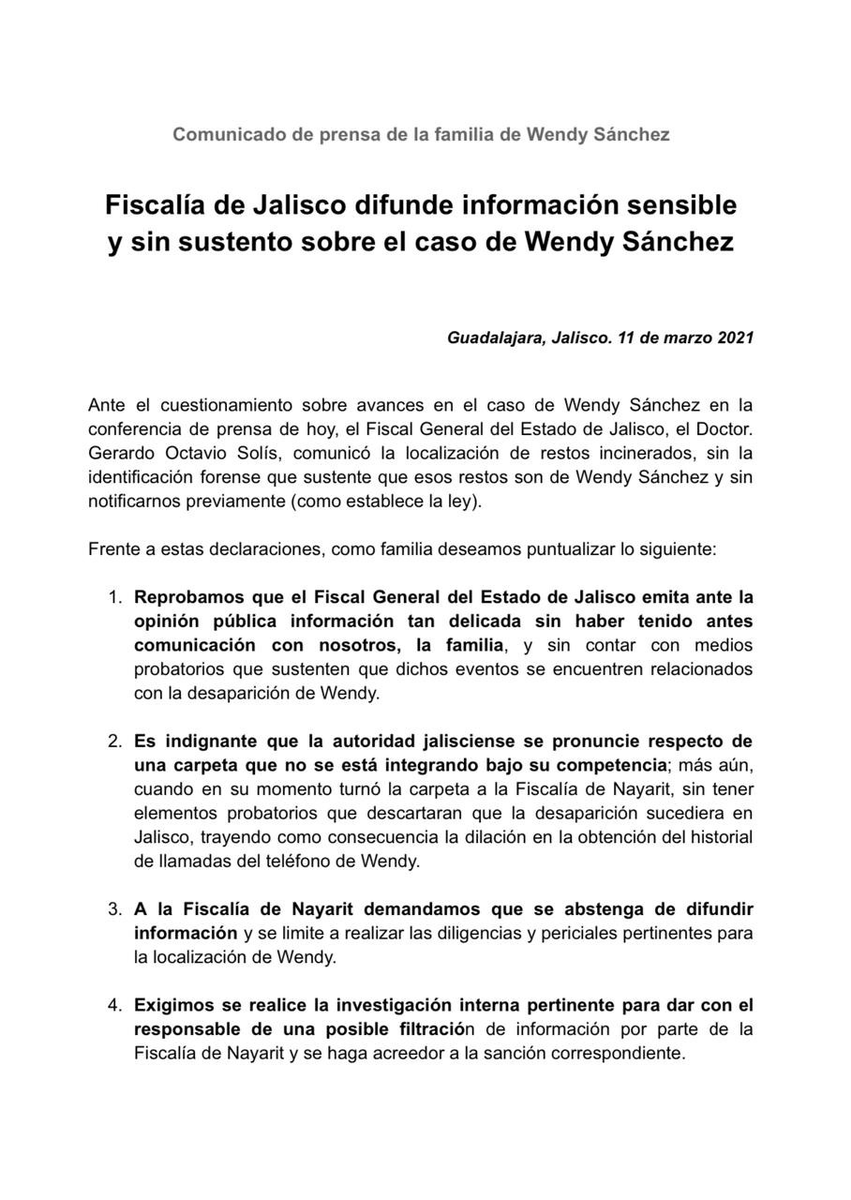 _baruc_'s tweet photo. Ante las declaraciones hechas el día de hoy 11 de marzo del 2021 por parte del Doctor Octavio Gerardo Solís, Fiscal General de @FiscaliaJal, la familia de Wendy deseamos comunicar lo siguiente:

#TeBuscamosWendy #WendyTeVamosAEncontrar @NayaritFiscalia

📌Comunicado de Prensa: https://t.co/r6hvYkoYeO