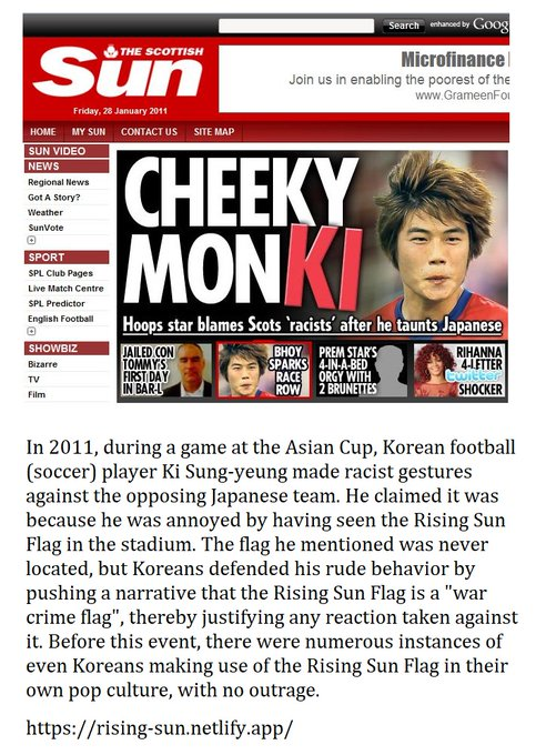 Korea's Rising Sun Flag claim was fabricated. They made it up to protect their football (soccer) player and save face.  https://thescottishsun.co.uk/archives/news/45754/cheeky-monki/  https://en.wikipedia.org/wiki/Ki_Sung-yueng FYI, there were no Rising Sun Flag in the stand.Ki Sung-yueng lied (twice) to get out of a mess.
