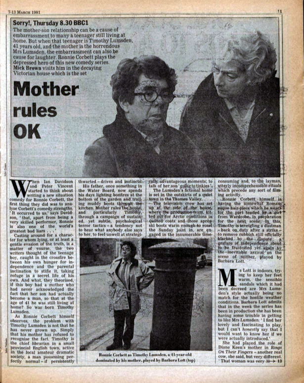 BraxM's tweet photo. Sorry!, starring Ronnie Corbett, began #OTD 40 years ago. The sitcom, written by Ian Davidson and Peter Vincent, ran for seven years and 42 episodes (and a Christmas sketch). Photo of Corbett with Barbara Lott as his mollycoddling mum by Don Smith for @RadioTimes #LanguageTimothy https://t.co/rfc7KifRs5